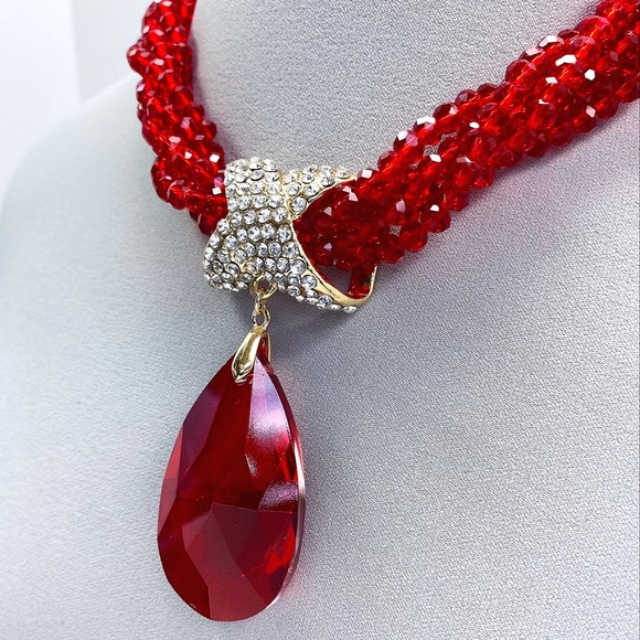 Red Crystal Necklace Set, Delta Sigma Theta Statement Jewelry, Red Sorority Gift - Picture 2 of 2